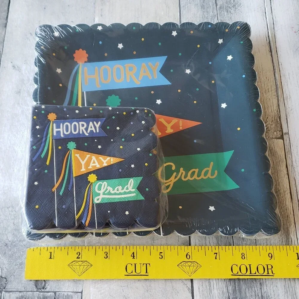 NWT - Hooray Yay Grad Graduation Dark Blue Paper Plates (12) & Napkins Set of 32